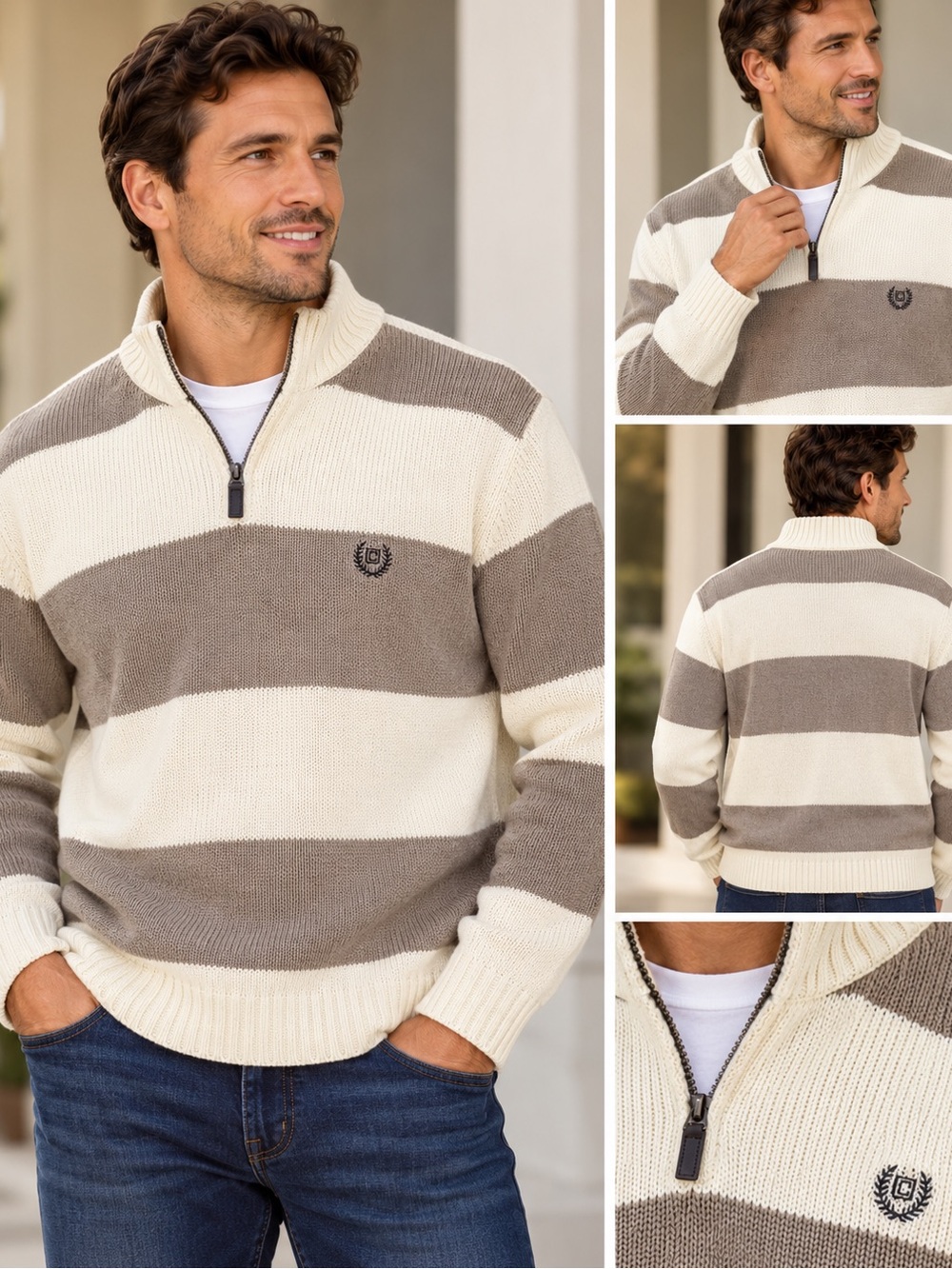 Chaps Men’s XXL NWT Quarter Zip Sweater Cream Taupe Striped Pullover